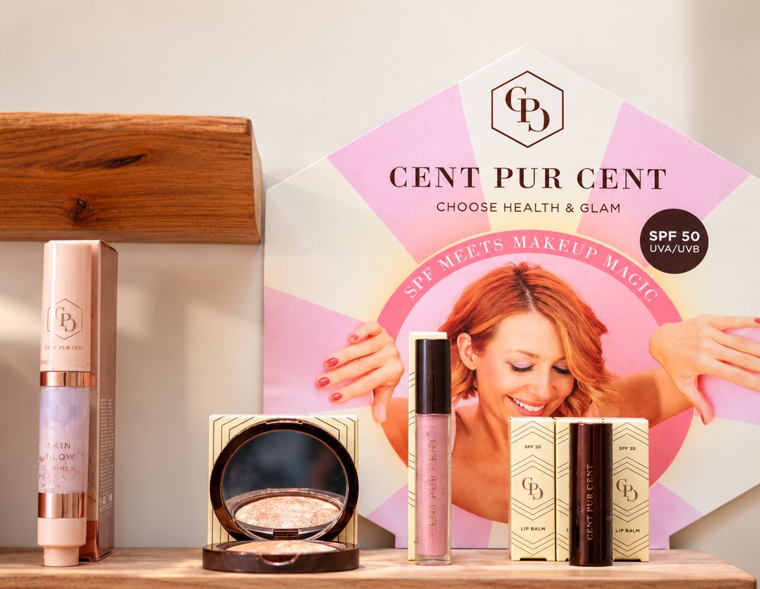 Make-up van Cent Pur Cent in de salon: primer, highlighter, lipgloss en lippenbalsem met SPF